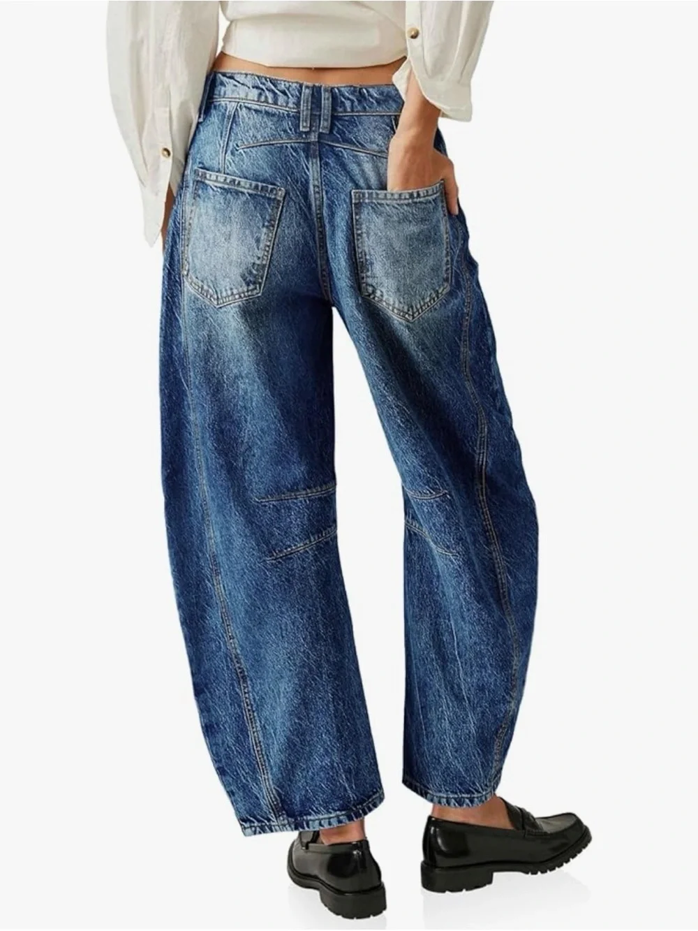 Women's Baggy Boyfriend Jeans Vintage Wide Leg Mid Rise Barrel Denim Ankle Pants - Picture 2 of 10